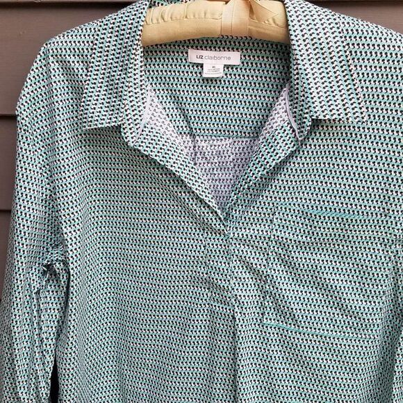 Liz Claiborne Black Blue White Partial button Down Blouse Size XL - Picture 5 of 8